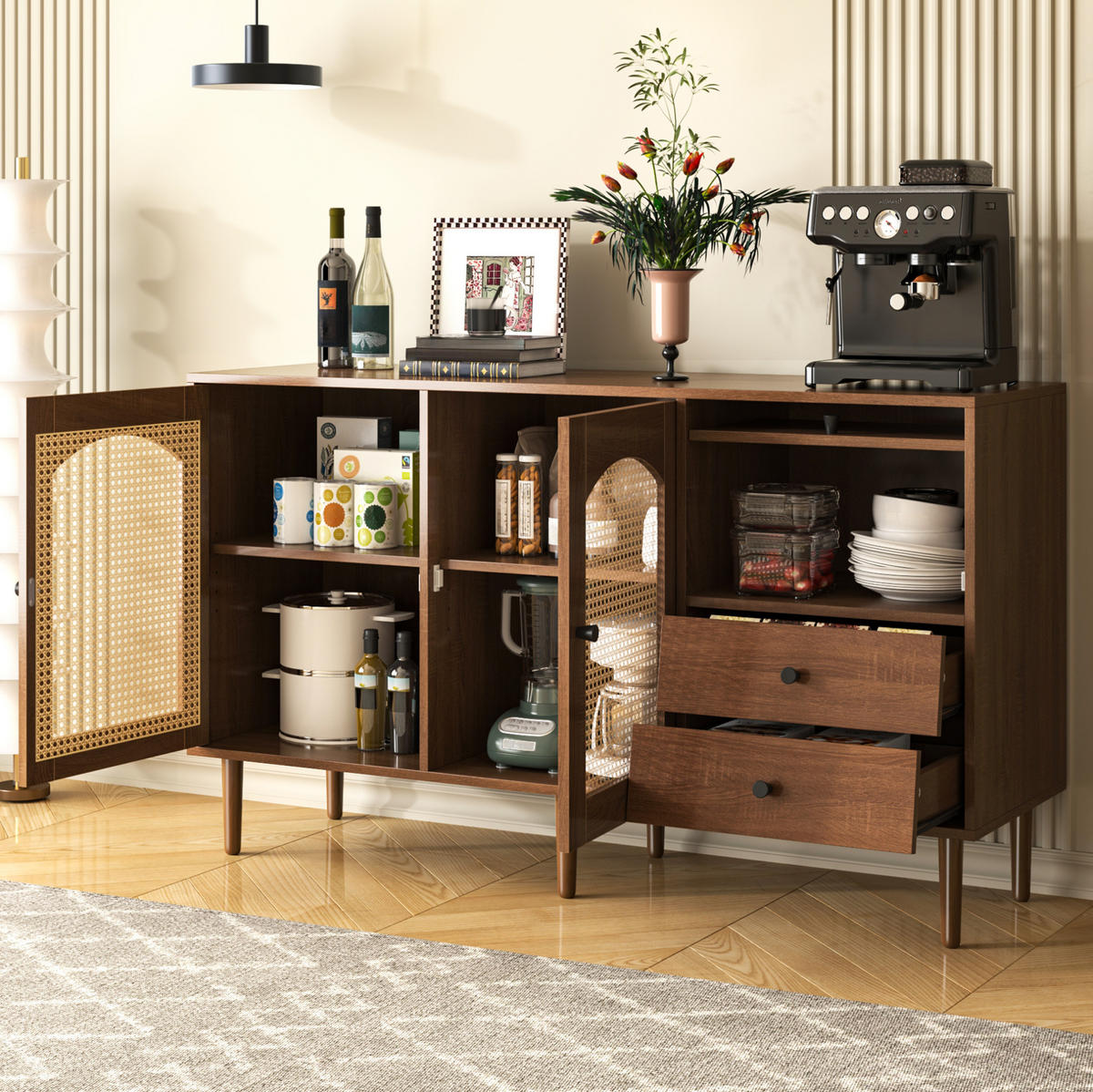 SIDEBOARD 130/40/75,5 cm in Holzfarbe mit Rattantüren im Landhausstil - Eichefarben, Holzwerkstoff (130/75.5/40cm) - BEAOK