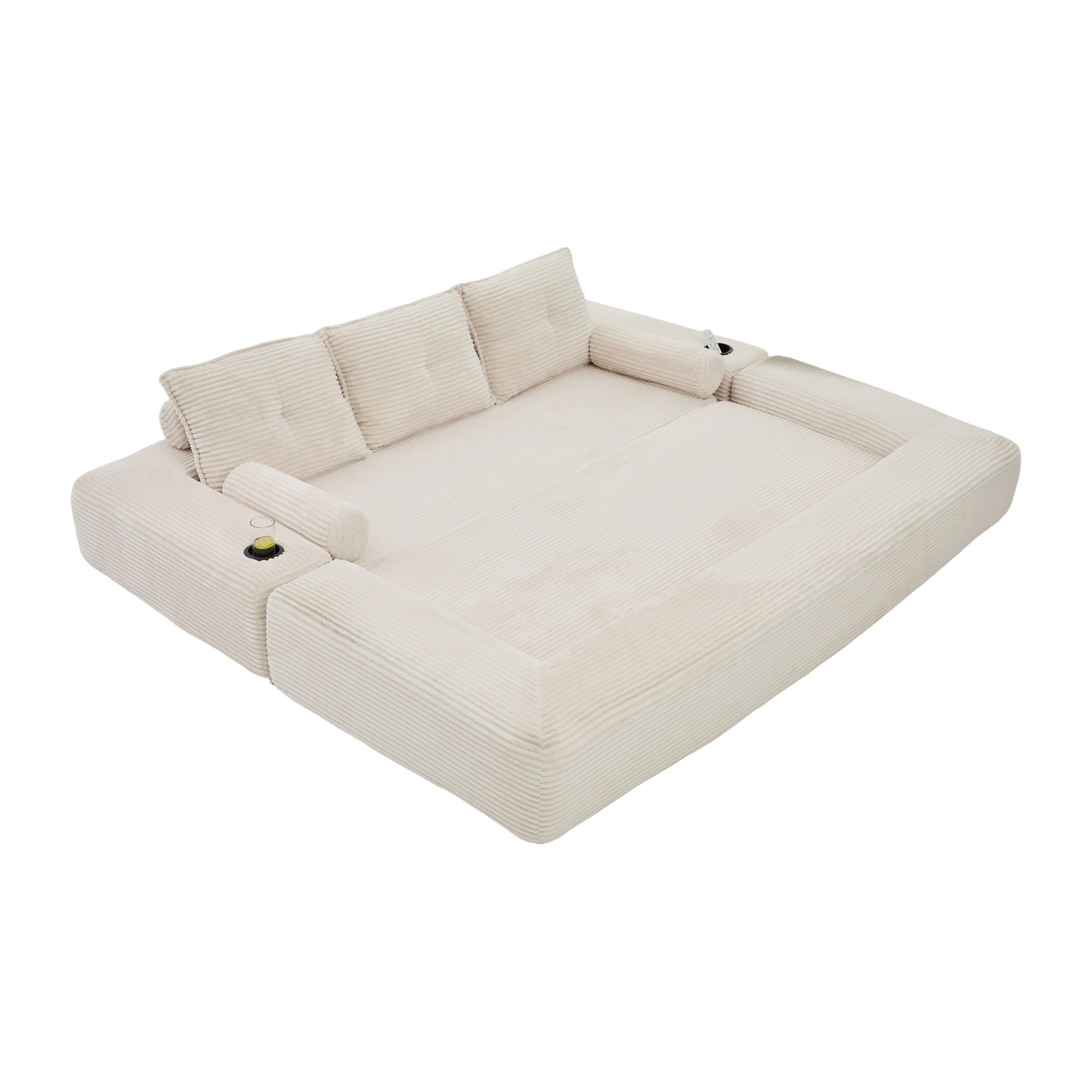 SCHLAFSOFA mit Cordbezug, Memory-Kissen, Getränkehalter und Seitentaschen - Beige, Textil (232/80/98cm) - EVRYAE