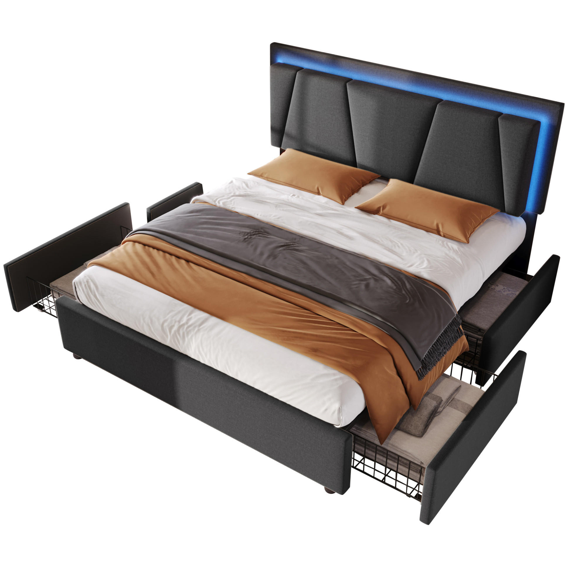 POLSTERBETT 140/200 cm aus Leinen mit Matratze, LED-Beleuchtung, 4 Schubladen und höhenverstellbarem Kopfteil, Grau - Grau, Holz (140/140cm) - Redom