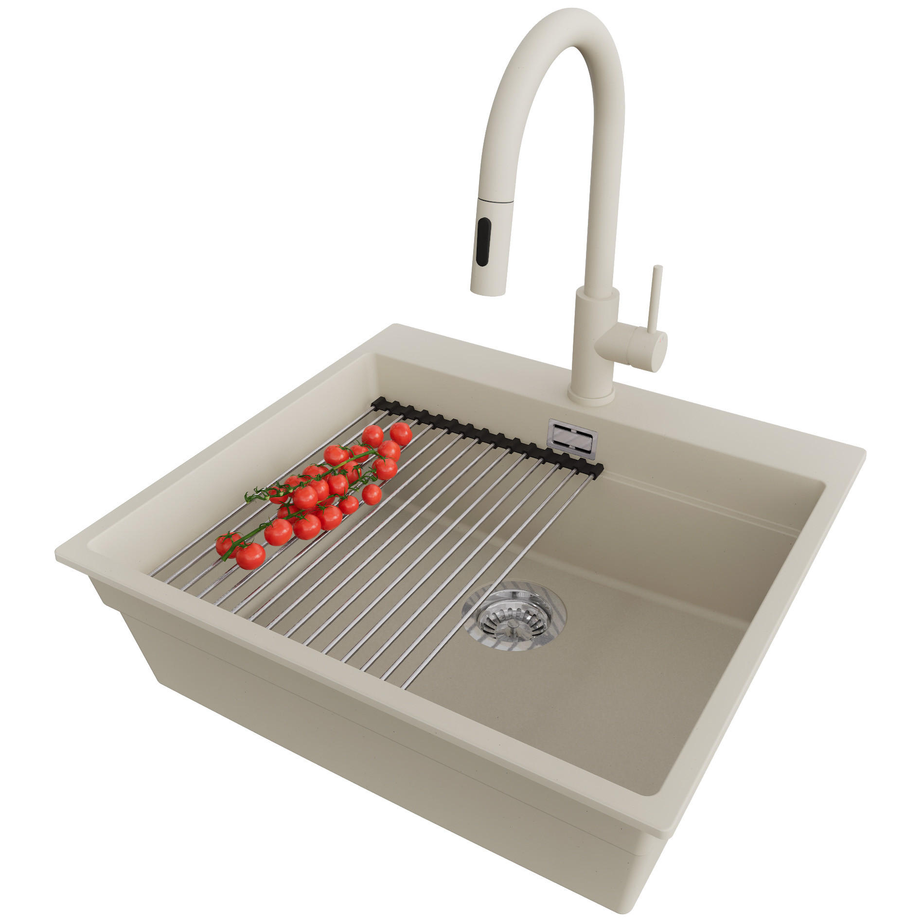 GRANITSPÜLE Oslo Max, 2-er set Beige 58/53 cm 1 Becken + Küchenarmatur 40/20 cm + Ablauf-Set + Aufrollbare Abtropffläche ab 60er Unterschrank - Chromfarben/Beige, Kunststoff (58/20/53cm) - Primagran