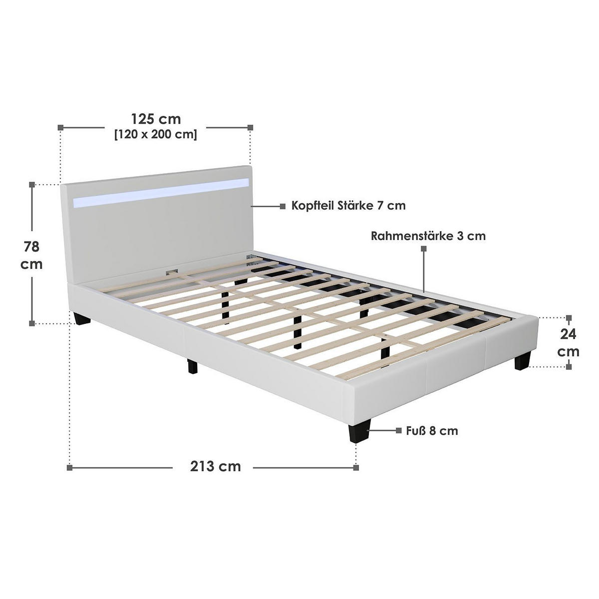 POLSTERBETT Paris mit LED weiß 120x200cm - Weiß, Holzwerkstoff (120/200cm) - Juskys