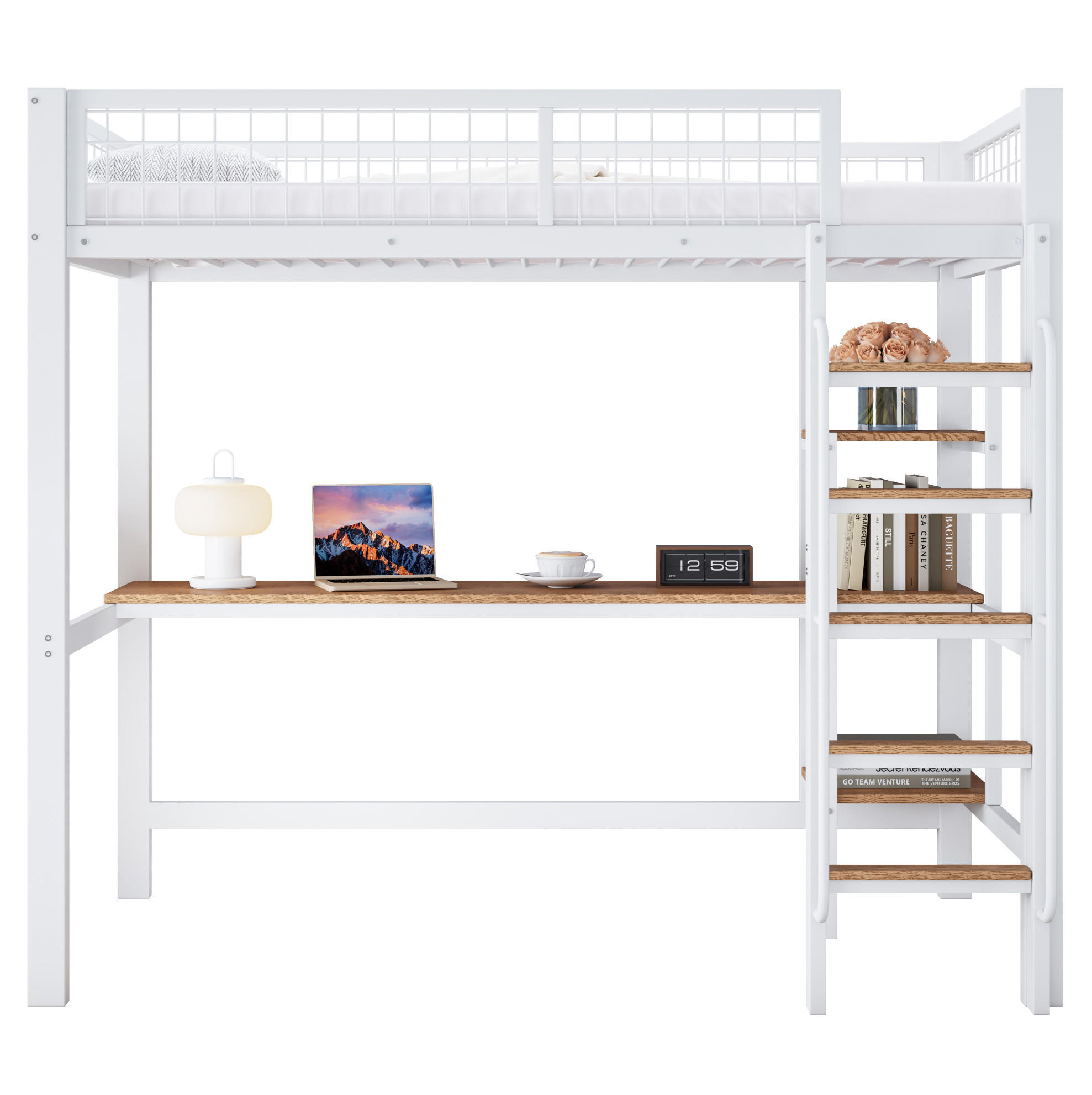 ETAGENBETT 90/200 cm weiß aus Metall mit Tisch und Regalen - Weiß, Metall (90/200cm) - OKWISH