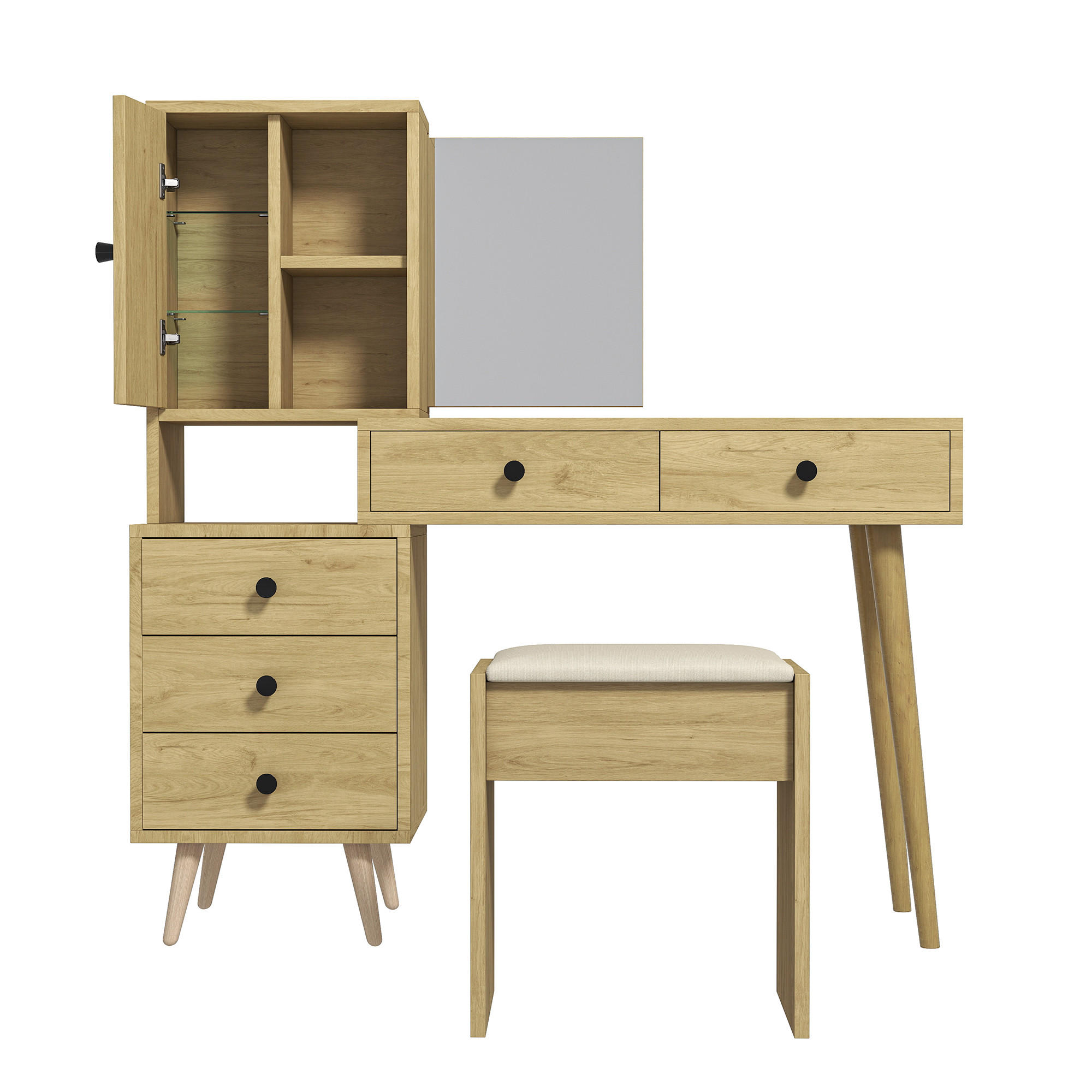SCHMINKTISCH Set mit Spiegel und Hocker, Frisiertisch ausziehbar, Kosmetiktisch skandinavisch, 84x40x120 cm - Eichefarben/Beige, Glas/Holzwerkstoff (84/120/40cm) - LVHOM