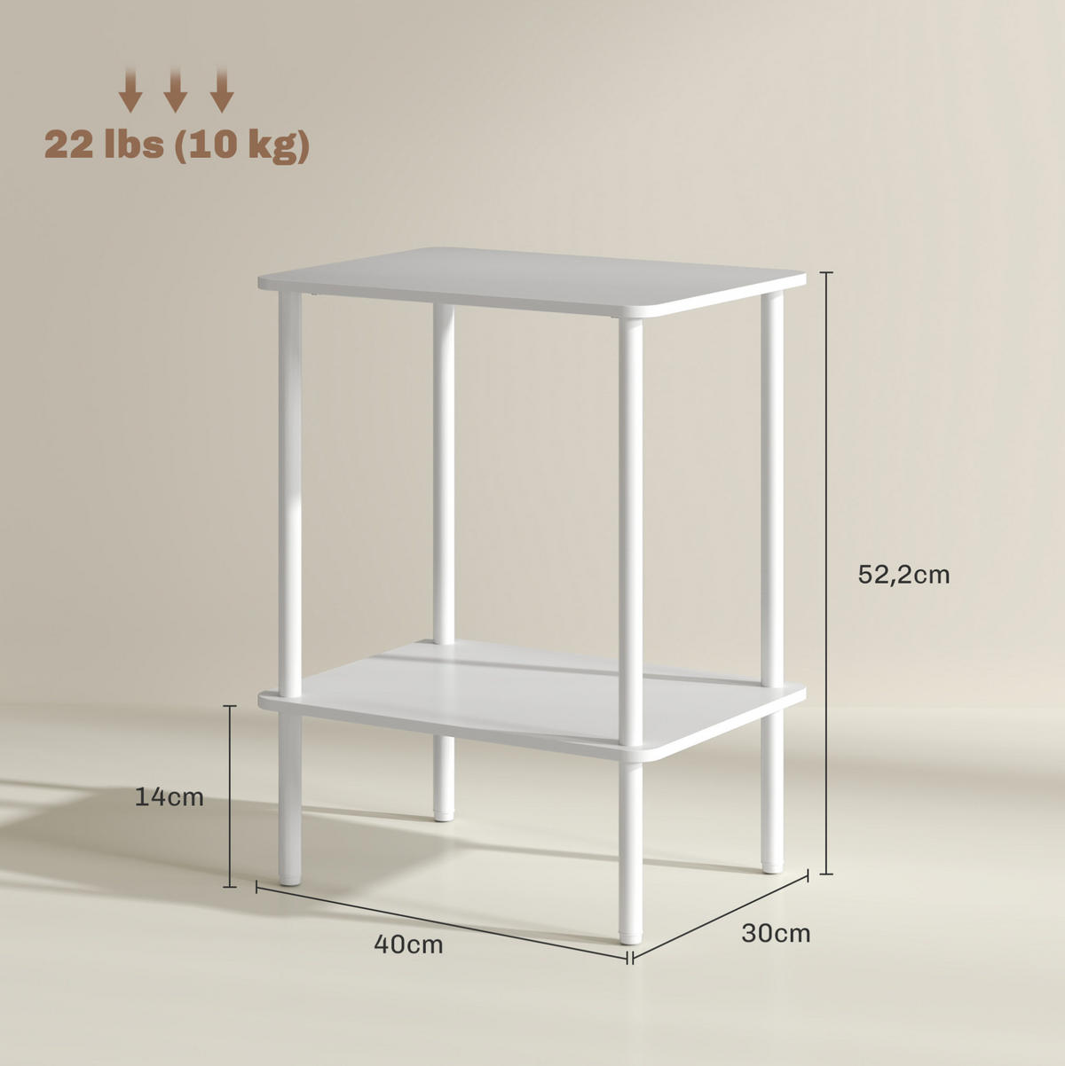 BEISTELLTISCH 40/30/52,2 cm in Weiß mit 2 Etagen und Metallgestell - Weiß, Holzwerkstoff (30/40/52.2cm) - BEAOK