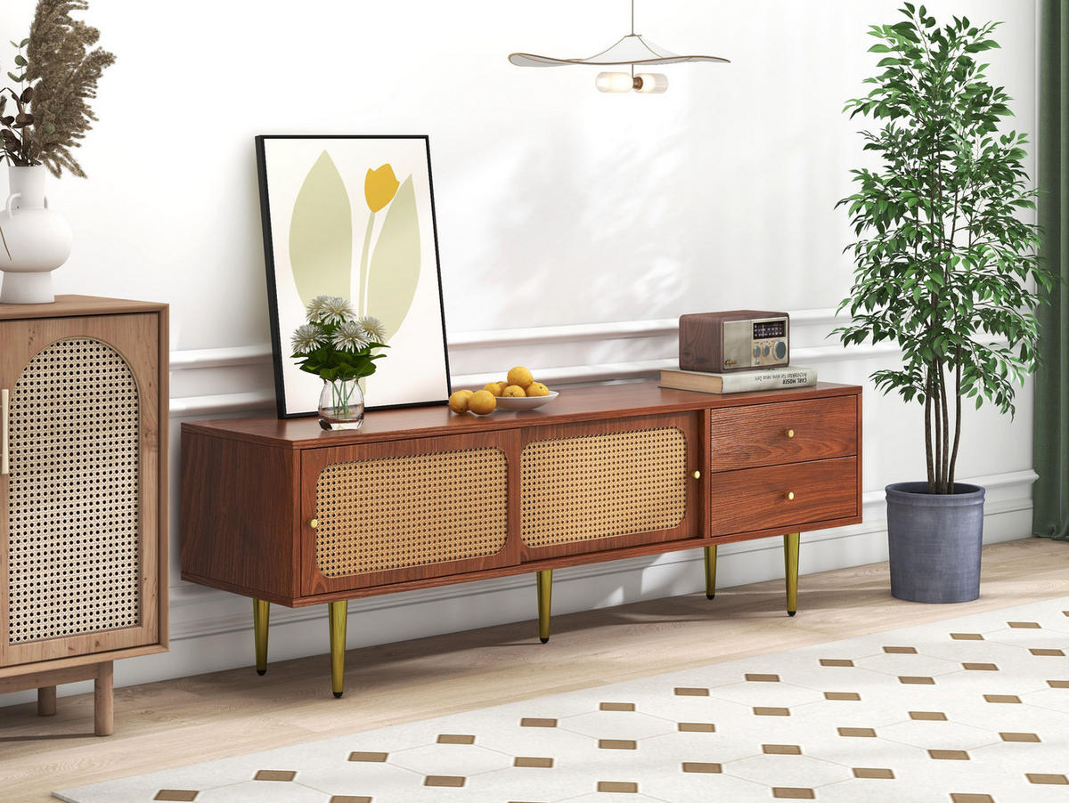 LOWBOARD 160/40/60 cm in Walnuss mit Rattan-Schiebetüren und 2 Schubladen - Weiß, Holzwerkstoff (160/60/40cm) - Flora Grace