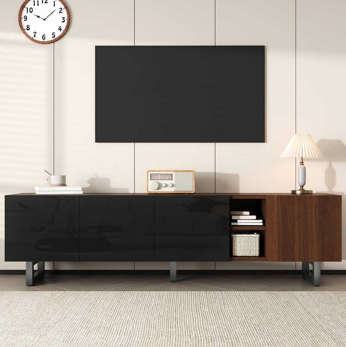 TV-SCHRANK in Schwarz Hochglanz und Natur mit 4 Türen 180/38/50 cm - Schwarz, Holzwerkstoff (180/50/38cm) - Redom