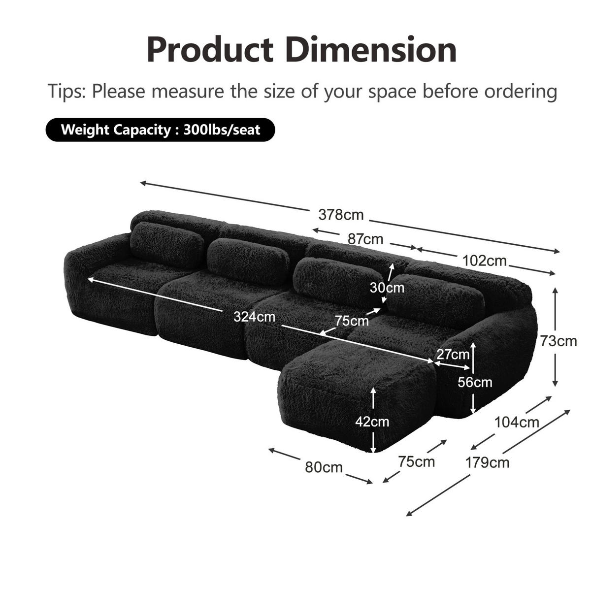 ECKSOFA 378/179/73 cm schwarz aus Plüsch modular und montagefrei - Schwarz, Textil (179/378cm) - OKWISH
