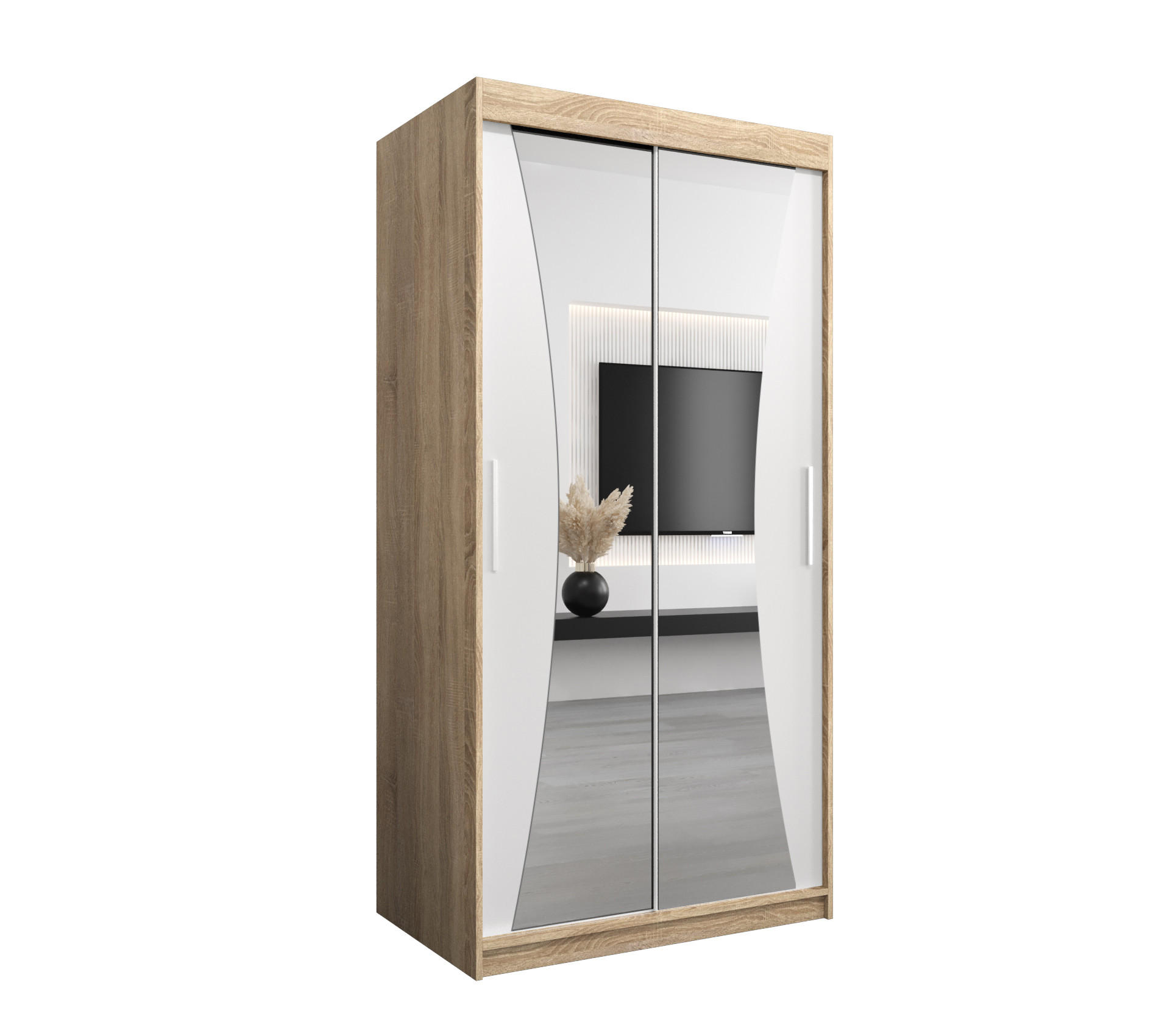 Abiks Möbel Schwebetürenschrank Sonoma Eiche, Weiß 100x200x62 cm