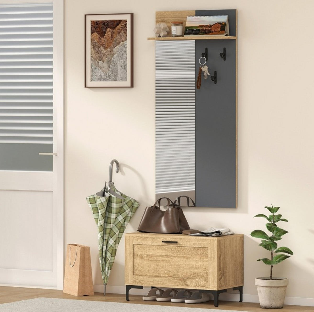 GARDEROBENSET 68/35/43 cm mit Spiegel, Schuhbank und 3 Haken, Naturholz/Grau - Naturfarben, Holzwerkstoff (60/127.5/13.5cm) - Redom