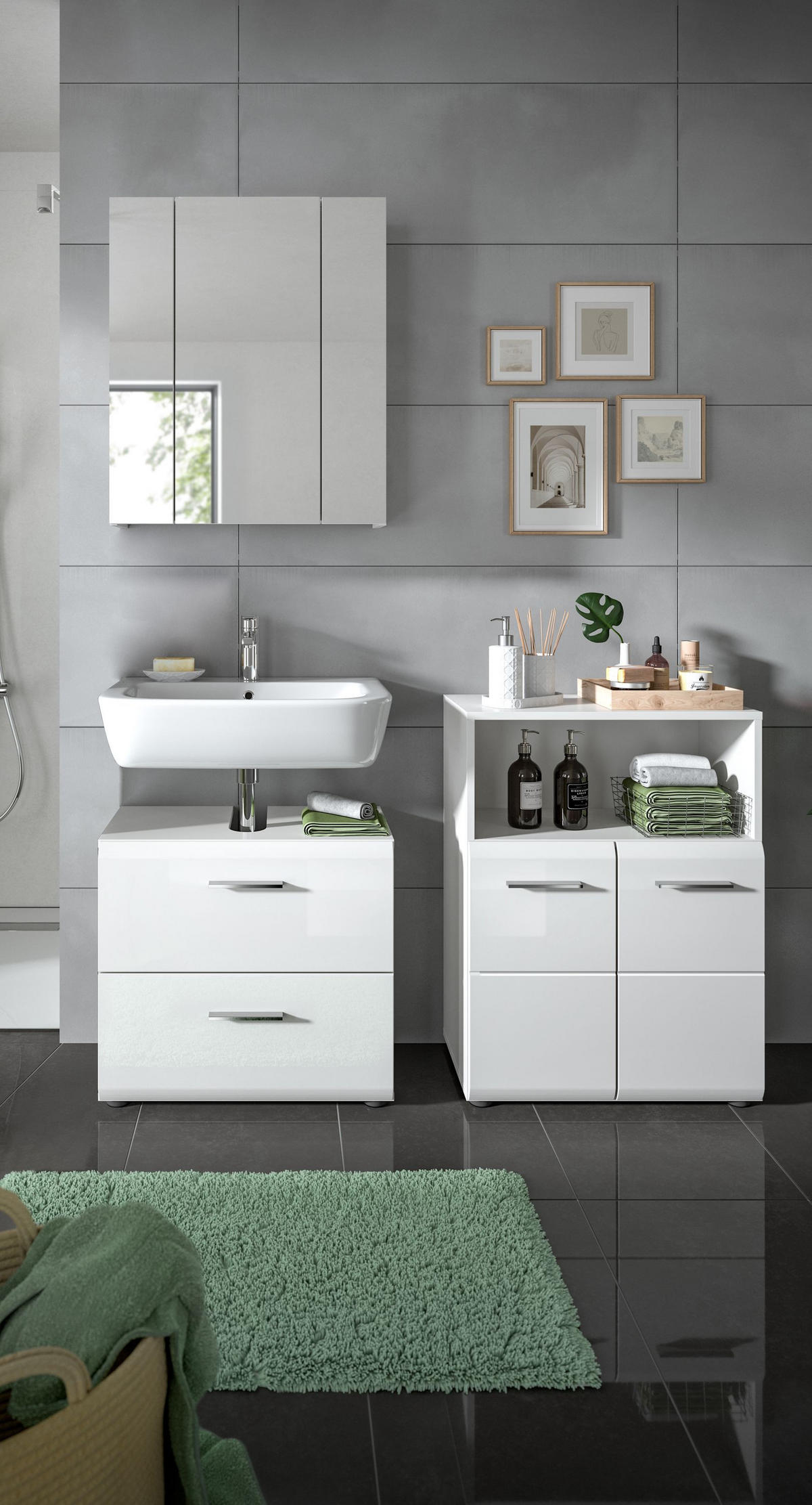 BADKOMBINATION Ice 135x185x30 cm weiß Hochglanz MDF 3tlg. - Weiß, Holz (135/185/30cm)