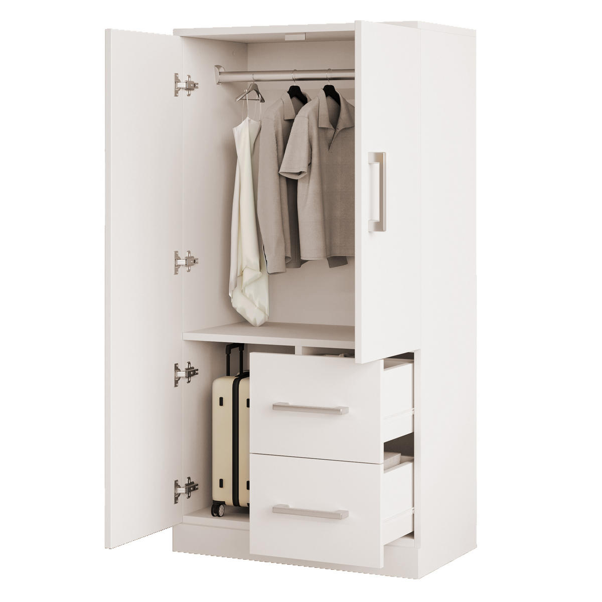 KLEIDERSCHRANK 70/40/135 cm Weiß/Naturholz aus Holz mit Doppeltüren und 2 Schubladen - Weiß, Holz (70/135/40cm) - OKWISH