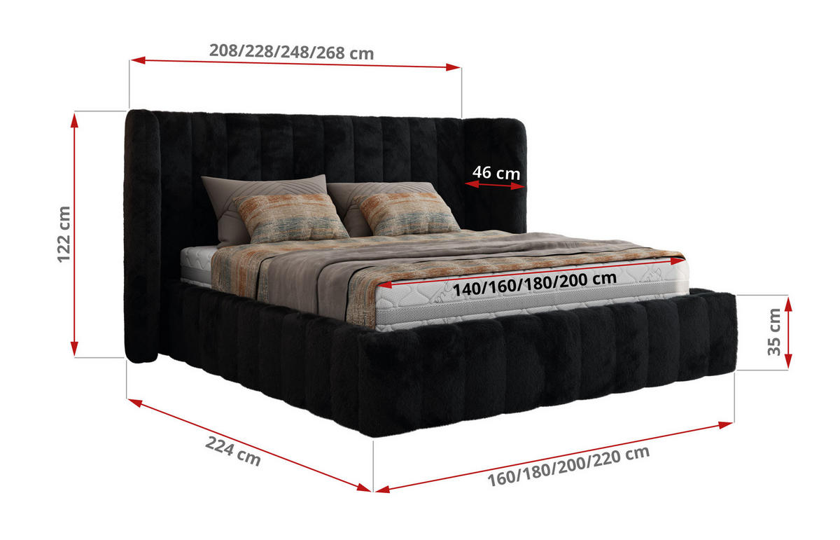 POLSTERBETT GOLETTA CLASSIC 140/200 - Schwarz Plüsch - Schaum-Matratze - Schwarz, Textil (140/200cm) - MKS