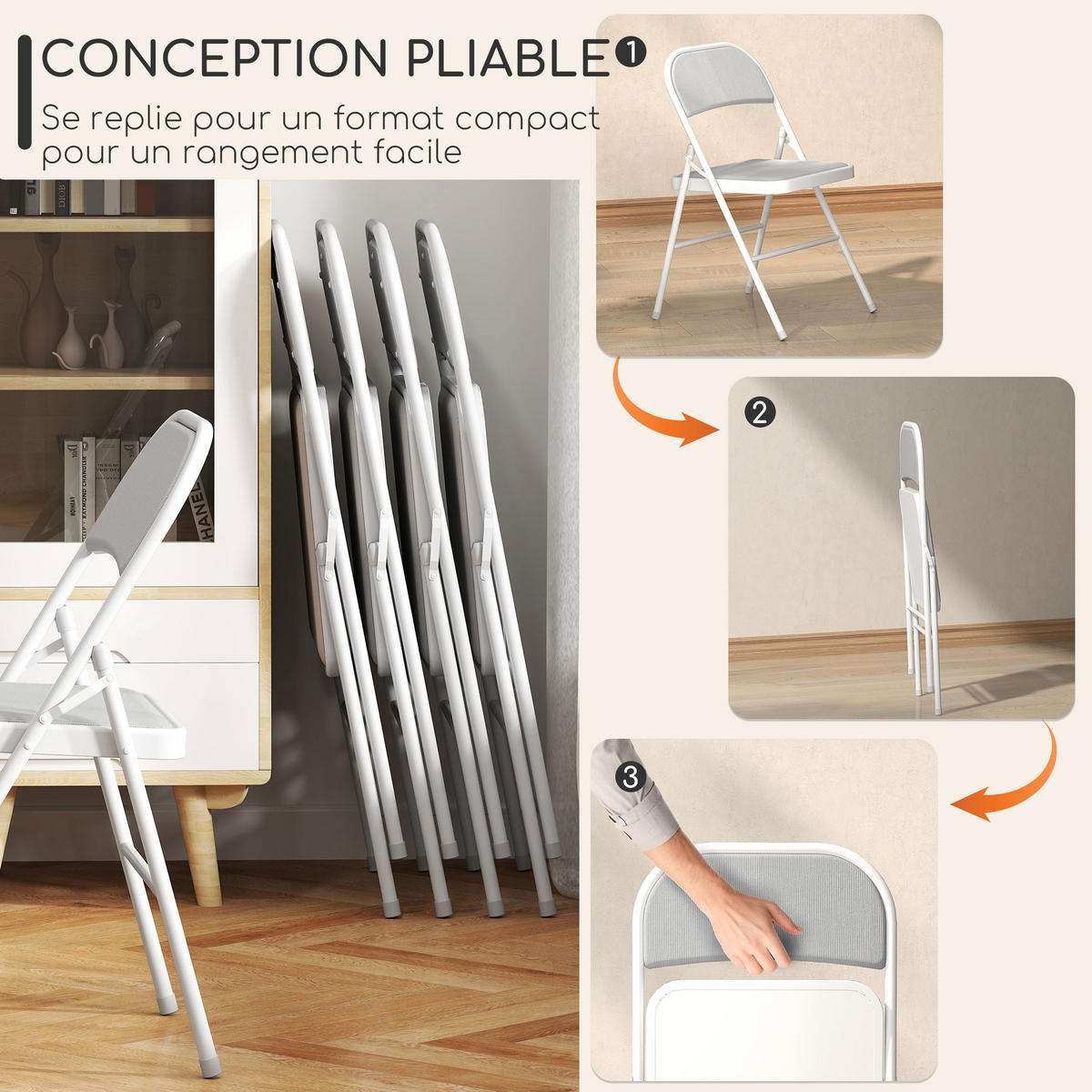 KLAPPSTUHL 4er-Set DE-13345 gepolsterter Rippvelours Weiß - Weiß, Metall (46/78/45cm) - ComfortXL
