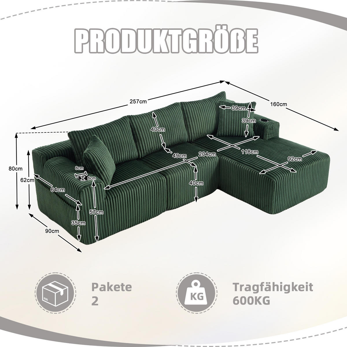 ECKSOFA Cord Smaragdgrün mit 5 Kissen, Seitentaschen und Getränkehaltern - Jadegrün, Textil (257/160cm) - WISHDOR