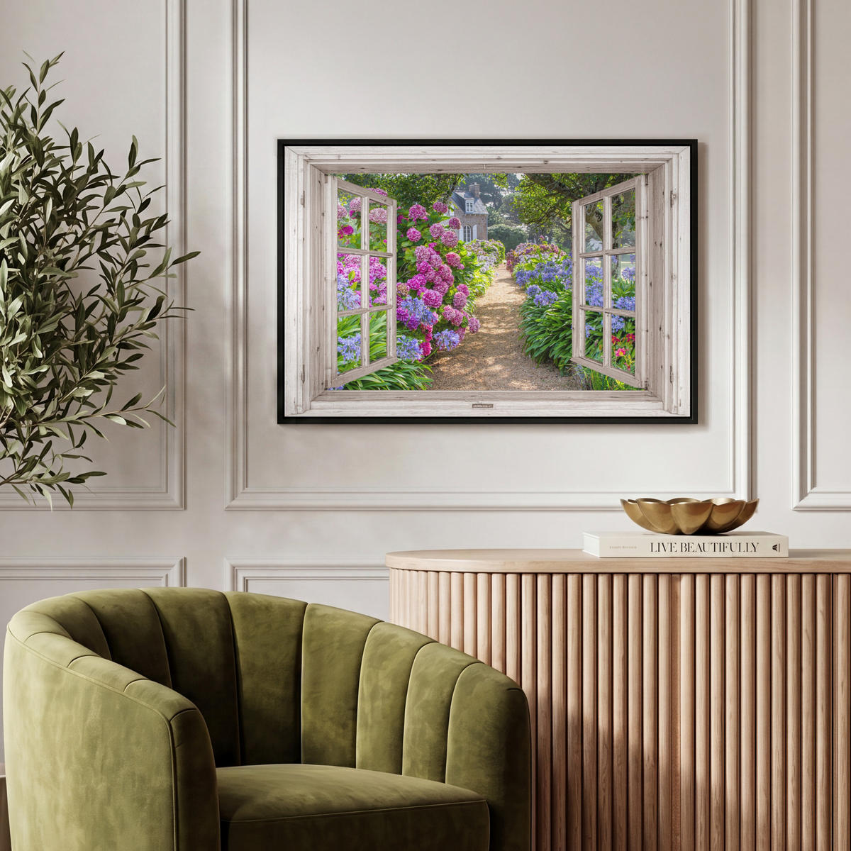 LEINWAND Bilder mit Rahmen - Hortensie - Durchsichtig - Blumen - Sommer - Lila - Weg - 60x40 - Lila, Textil (60/40cm) - MuchoWow