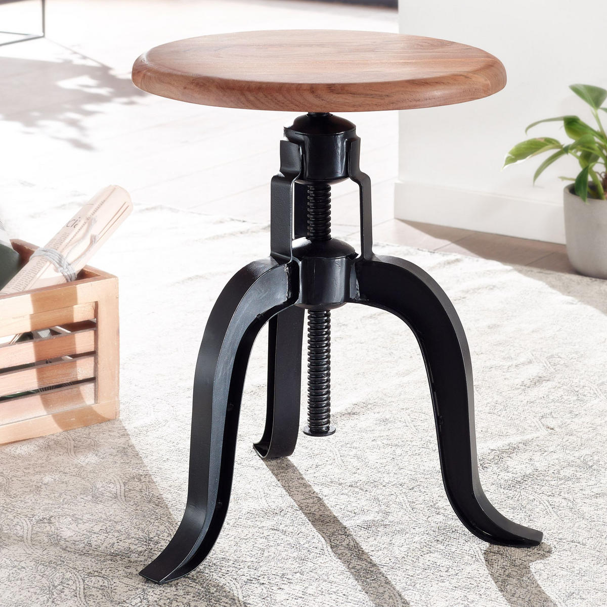 DREHHOCKER – Akazie Massivholz/Eisen, höhenverstellbar, Industrial-Stil - Schwarz/Braun, Holz/Metall (39/48/39cm) - KADIMA DESIGN