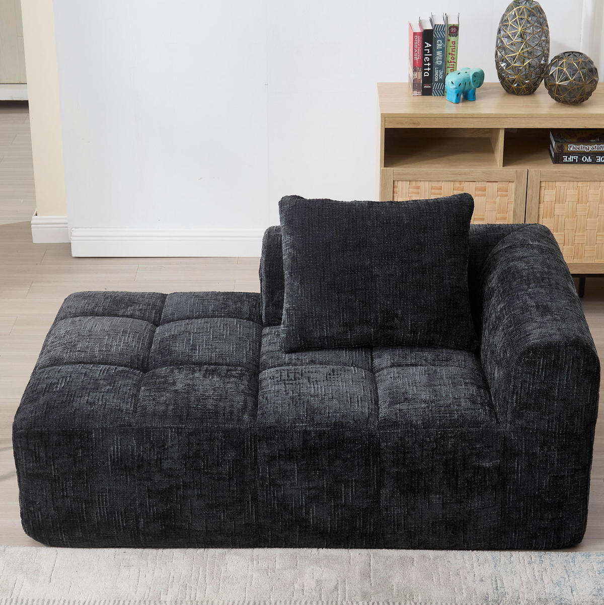 SOFA Chaiselongue 158 x 90 x 60 cm Chenille Black mit Seitentaschen - Schwarz, Kunststoff (90/60/158cm) - Meubliv
