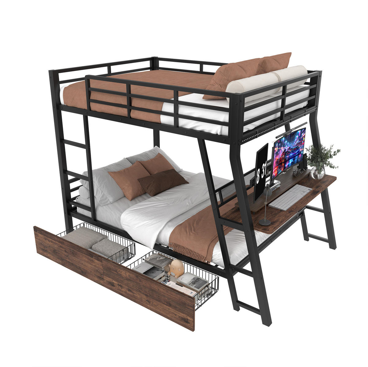 HOCHBETT aus Metall und MDF 140x200 cm Schwarz mit LED-Leiste, Schubladen, Treppe und Schreibtisch - Schwarz, Metall (140/200cm) - Modfu
