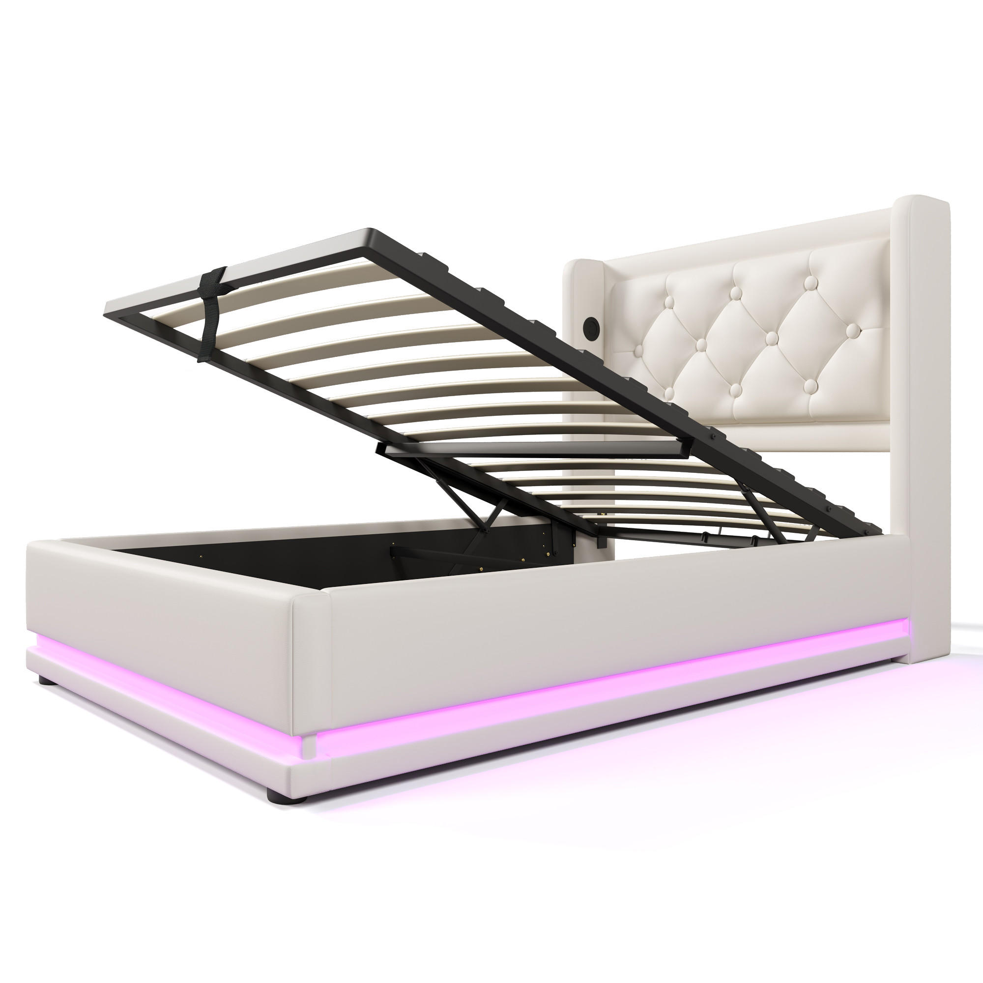 POLSTERBETT 90/200 cm Weiß PU mit hydraulischem Stauraum und LED-Beleuchtung Mit Matratze - Weiß, Kunststoff (90/200cm) - OKWISH