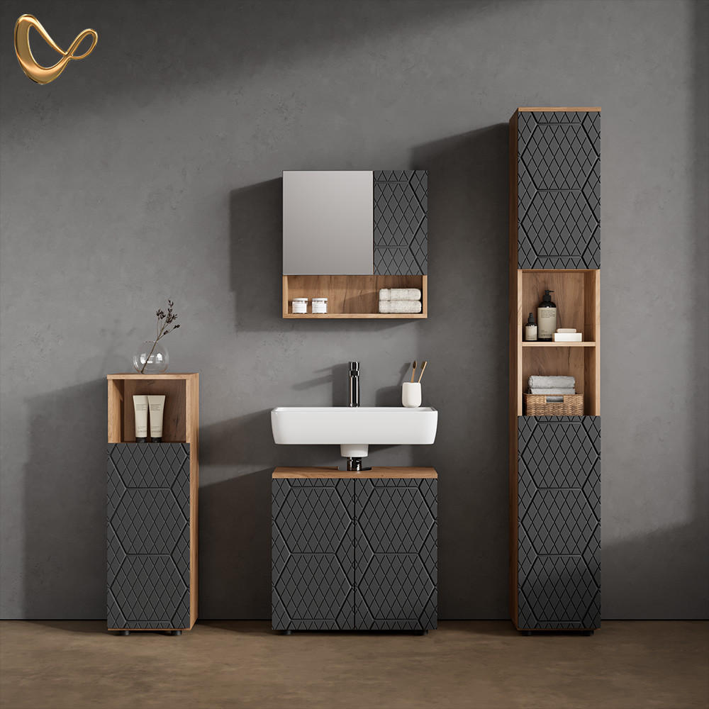 BADMÖBEL-SET Ronco Anthrazit gestreift 4 Teile, mit Hochschrank - Anthrazit, Holzwerkstoff (60/59/30cm) - Livinity®