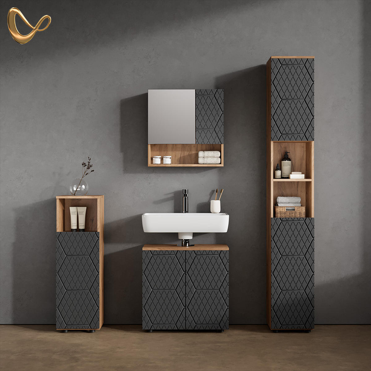 BADMÖBEL-SET Ronco Anthrazit gestreift 4 Teile, mit Hochschrank - Anthrazit, Holzwerkstoff (60/59/30cm) - Livinity®