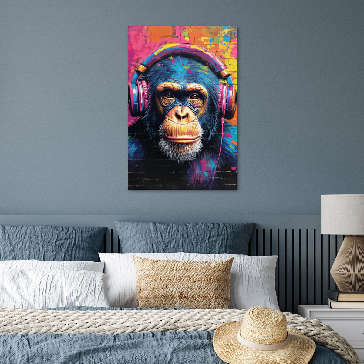 POSTER Graffiti - Schimpanse - Straßenkunst - Kopfhörer - Affe 40x60 cm - Blau, Papier (40/60/0.1cm) - MuchoWow