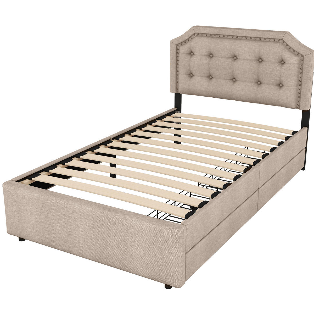 POLSTERBETT 90/200 cm Dunkelbeige mit Aufbewahrung und Zierknöpfen - Beige, Textil (90/200cm) - OKWISH
