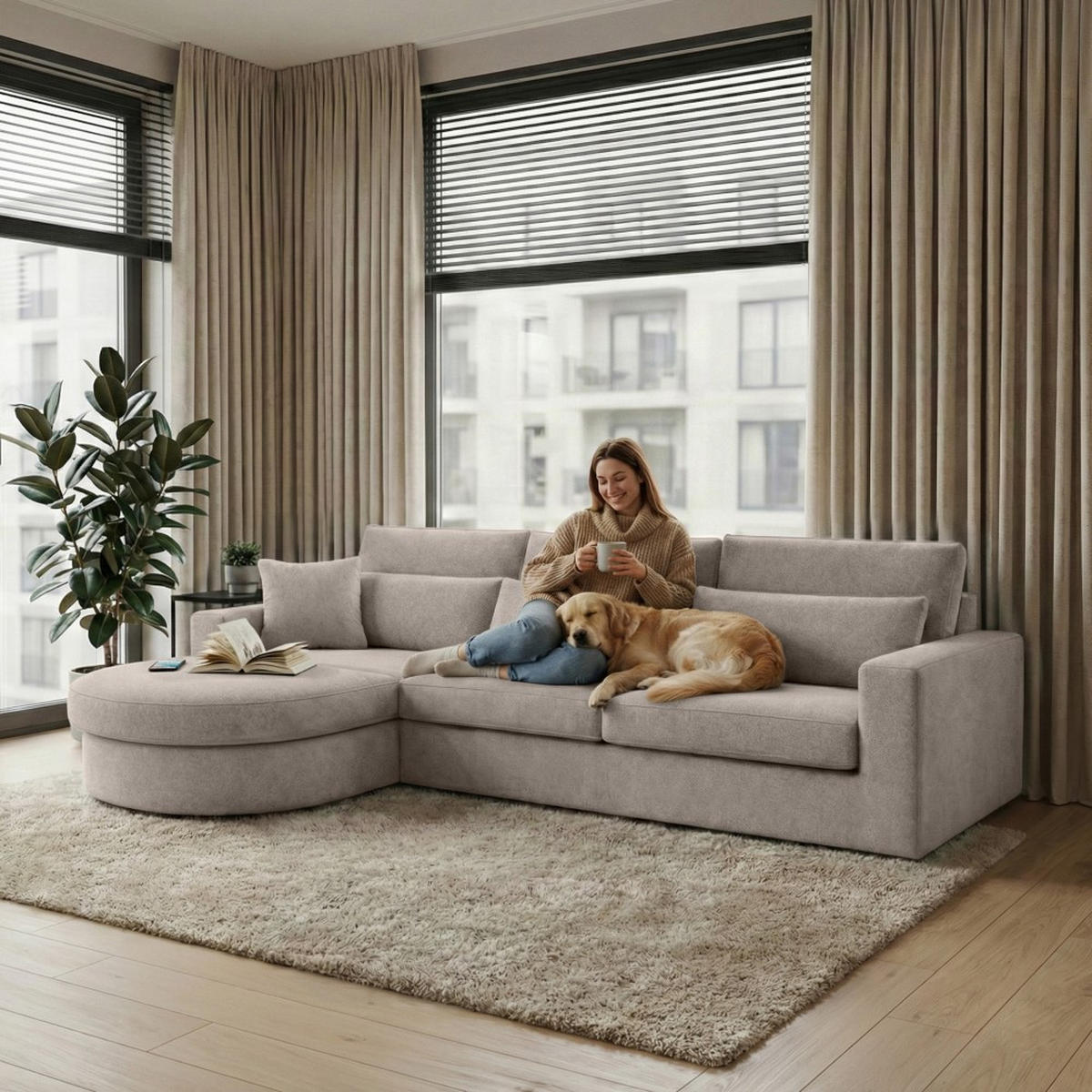 ECKSOFA Pablo ohne Schlaffunktion, mit abgerundeter Ottomane, links, Cappuccino, Velourstoff - Cappuccino, Textil (319/196cm) - Beautysofa