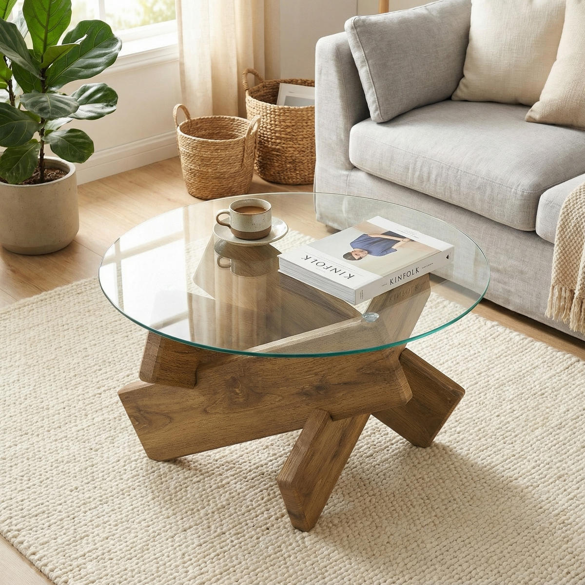 COUCHTISCH Ø 79 cm in Rundes Glas & Holz-Optik - Eichefarben, Holzwerkstoff (79/79/45cm) - Urban Meuble