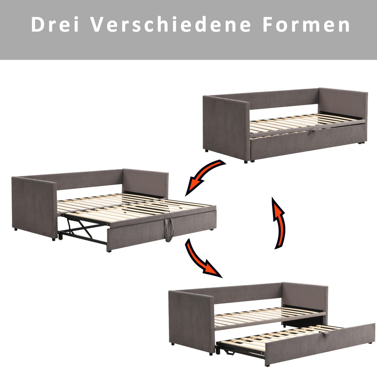 POLSTERBETT 90/200 cm aus Samt mit ausziehbarem Bettkasten und Lattenrost Grau - Grau, Textil (90/200cm) - Modenvie