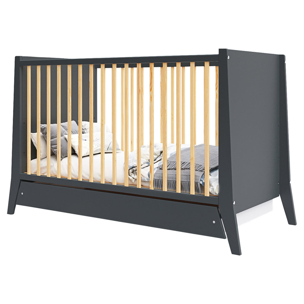 BABYBETT Zoe, Mitwachsendes, mit Schublade Anthrazit - Anthrazit, Holz (60/120cm) - Premiers Moments