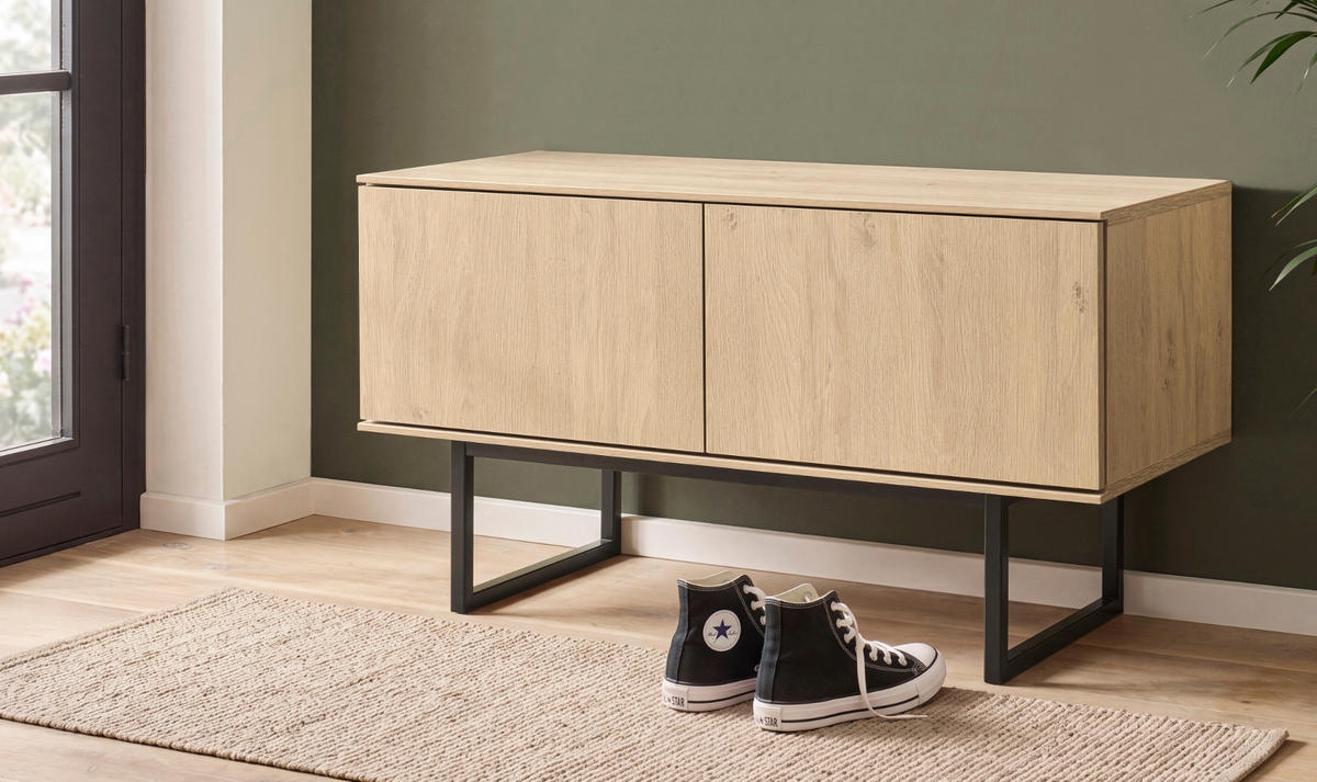 GARDEROBENBANK Stone Eiche 90 cm, Sitzbank mit Push-to-Open - Eichefarben/Schwarz, Holzwerkstoff/Metall (90/49/40cm) - Furn.Design