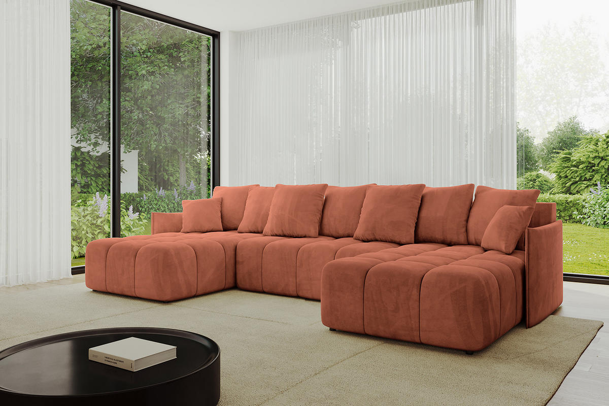 WOHNLANDSCHAFT LONLI-U 355x189x68 Apricot Velours - Koralle, Holzwerkstoff/Kunststoff (355/68/189cm) - ALTDECOR