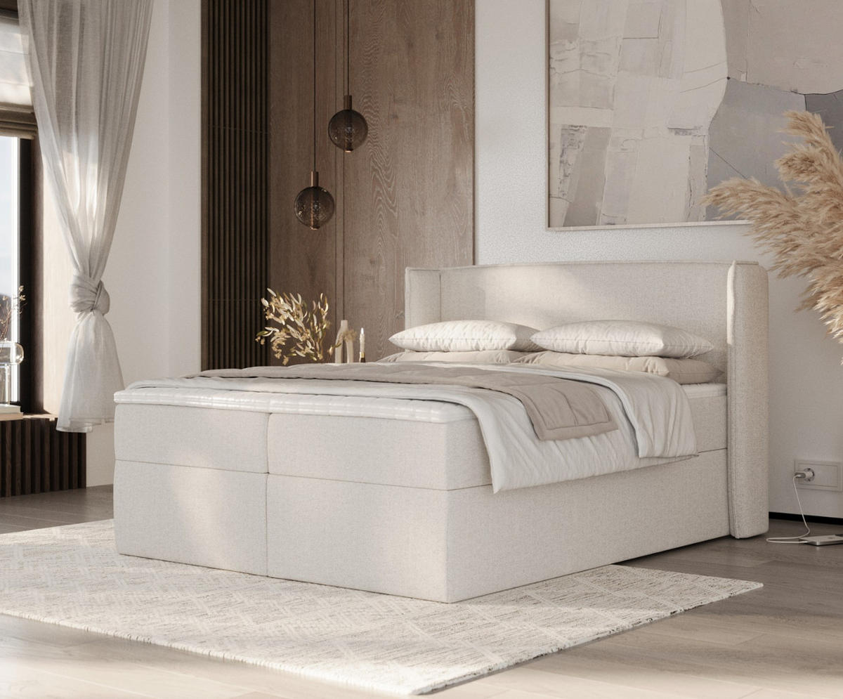 BOXBETT Viva 140/200 cm Hellbeige im Riva Stoff - Beige/Schwarz, Holz/Holzwerkstoff (140/200cm) - AltaBeds