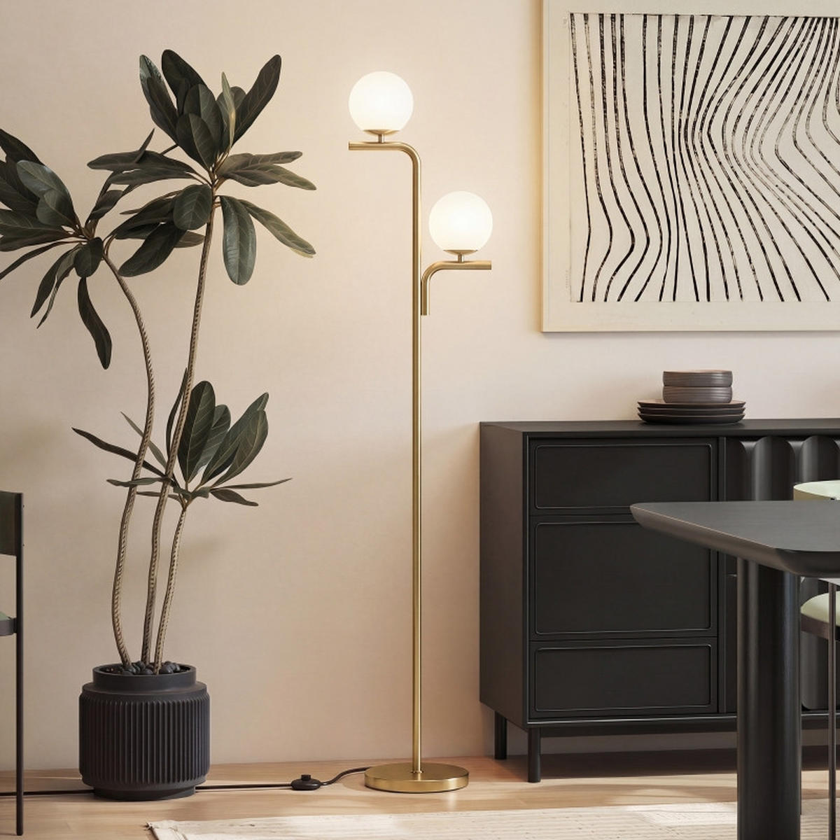 STEHLEUCHTE LED-Stehlampe 51x46x27cm Gold Moderne Bodenlampe mit Glaskugel Fußschalter - Goldfarben, Metall (33/28/170cm) - Raelunyi