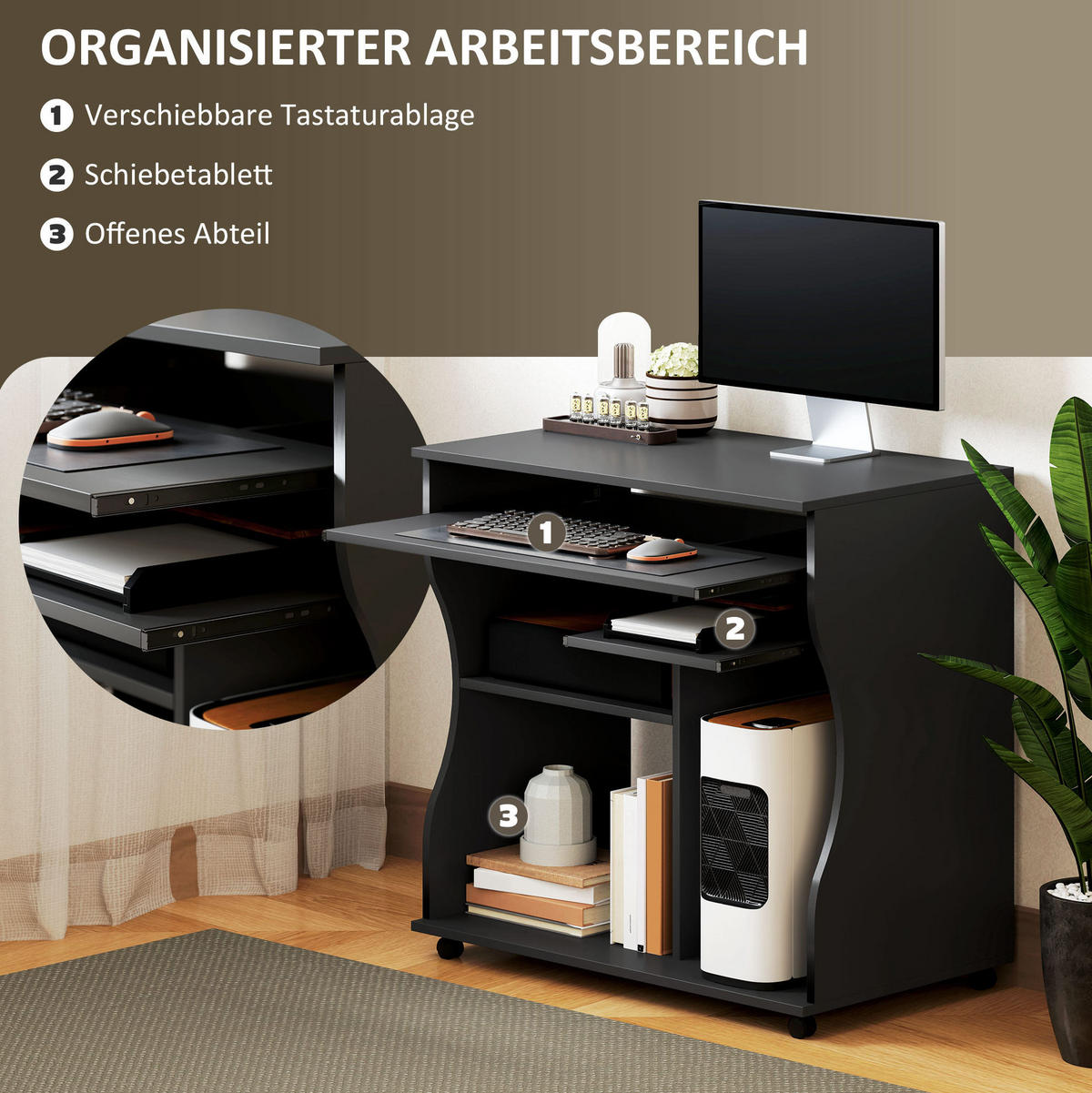 SCHREIBTISCH mit Rollen 80 x 48 x 75 cm Holz Schwarz - Schwarz, Holz (80/48/75cm) - Meubliv