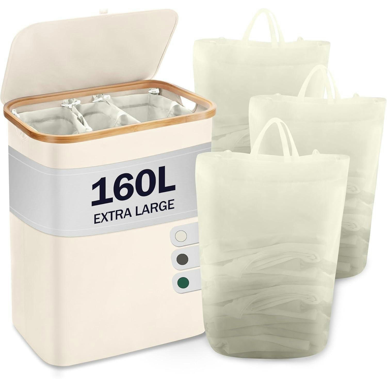 WÄSCHEKORB mit Deckel 3 Fächer 160L Beige - Creme, Naturmaterialien (37/74/57cm)