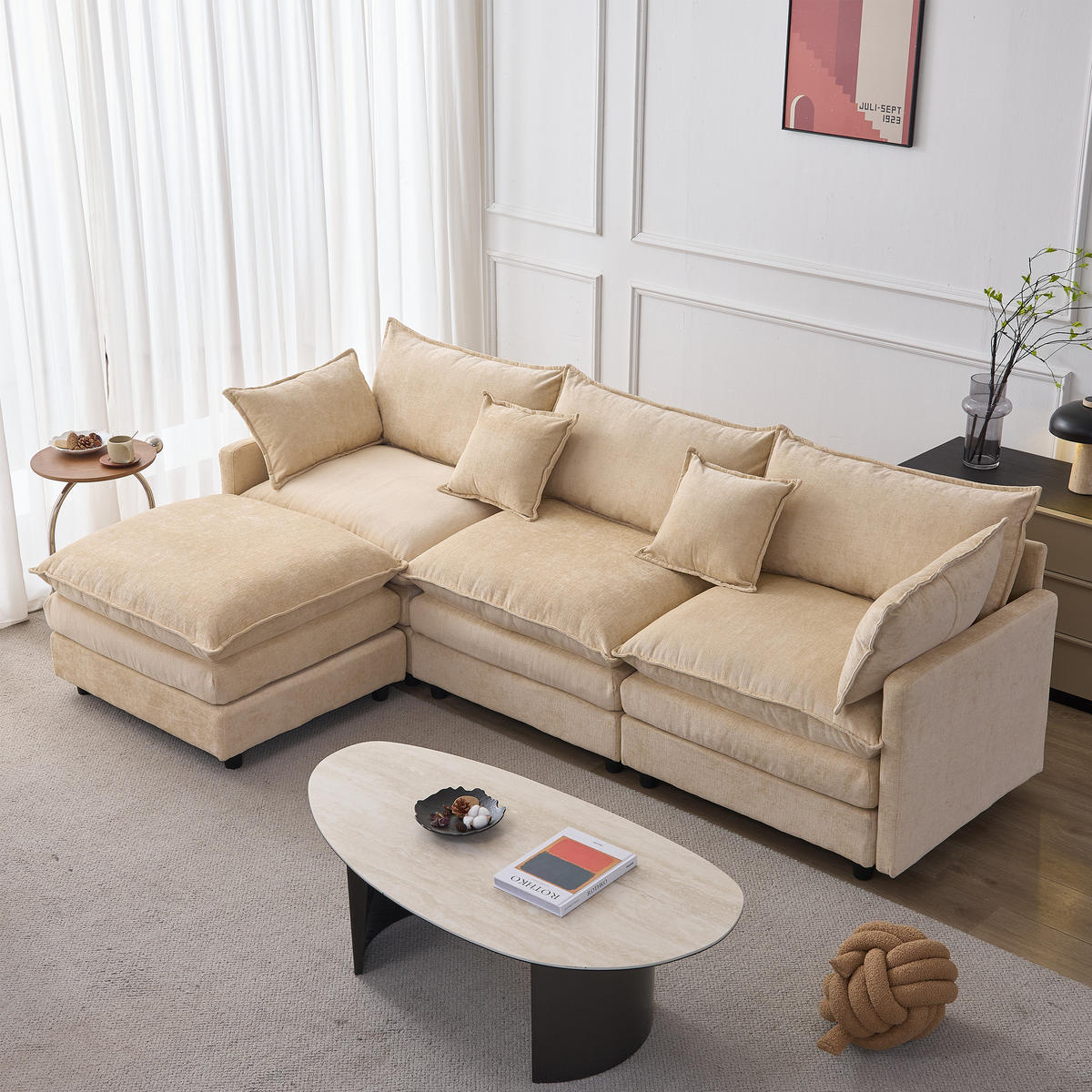 ECKSOFA 267/154/85 cm Leichter Kaffee mit Chaiselongue und Hocker - Cappuccino, Textil (267/154cm) - Oxeza