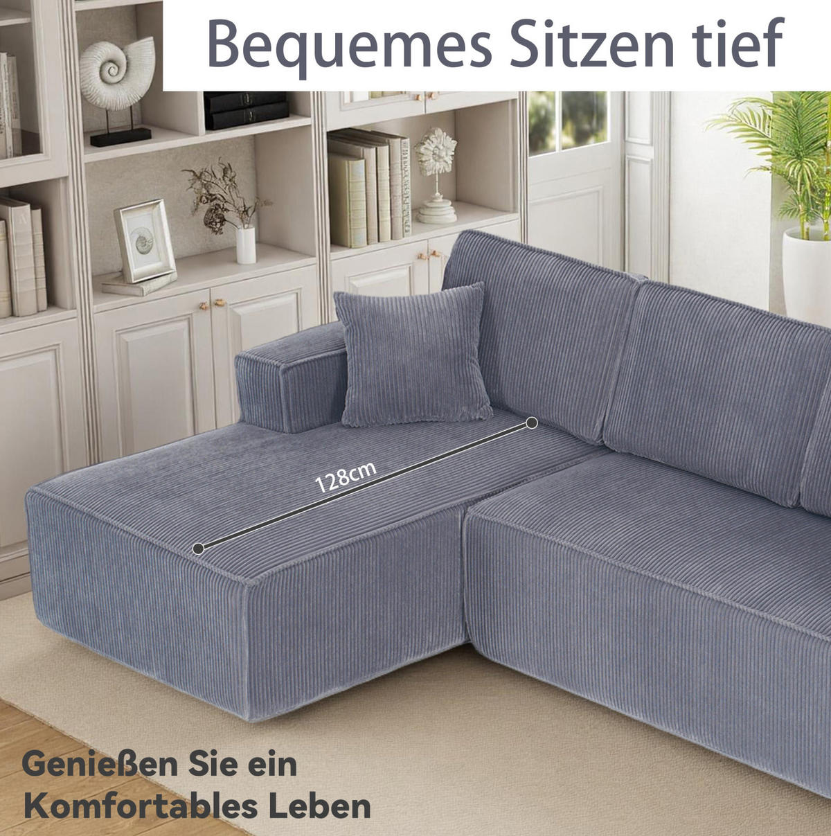 ECKSOFA 235/128/60 cm grau aus Cord mit Chaiselongue - Grau, Textil (128/235cm) - OKWISH