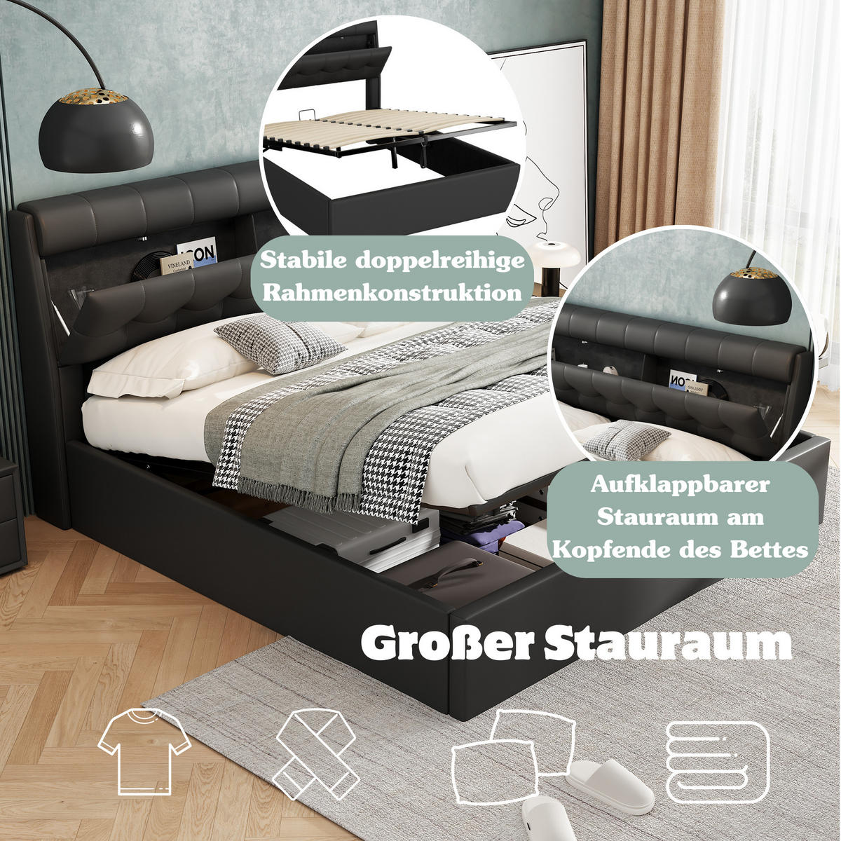 POLSTERBETT 140/200 cm Schwarz mit hydraulischem Bettkasten und Lattenrost - Schwarz, Kunststoff (140/200cm) - OKWISH