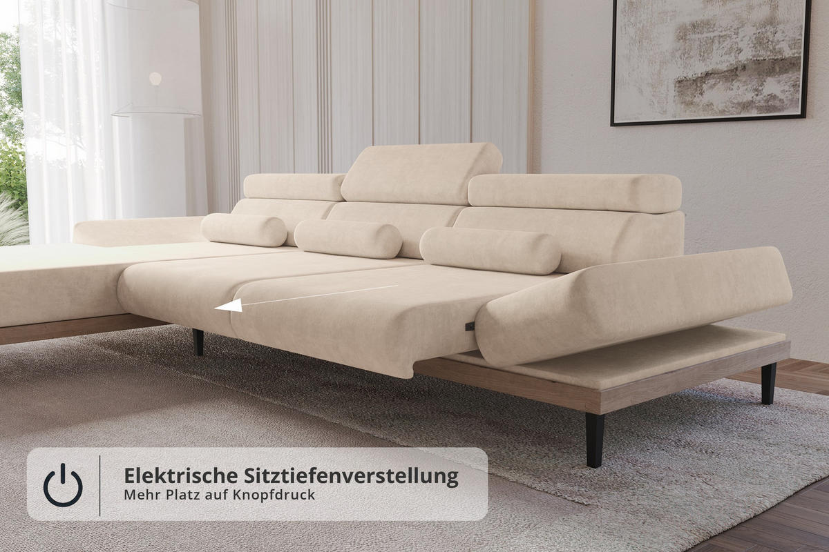 ELEKTRISCHES ECKSOFA Links MONA 316x205x85 Beige Velours - Sahara, Holzwerkstoff/Textil (316/205cm) - ALTDECOR