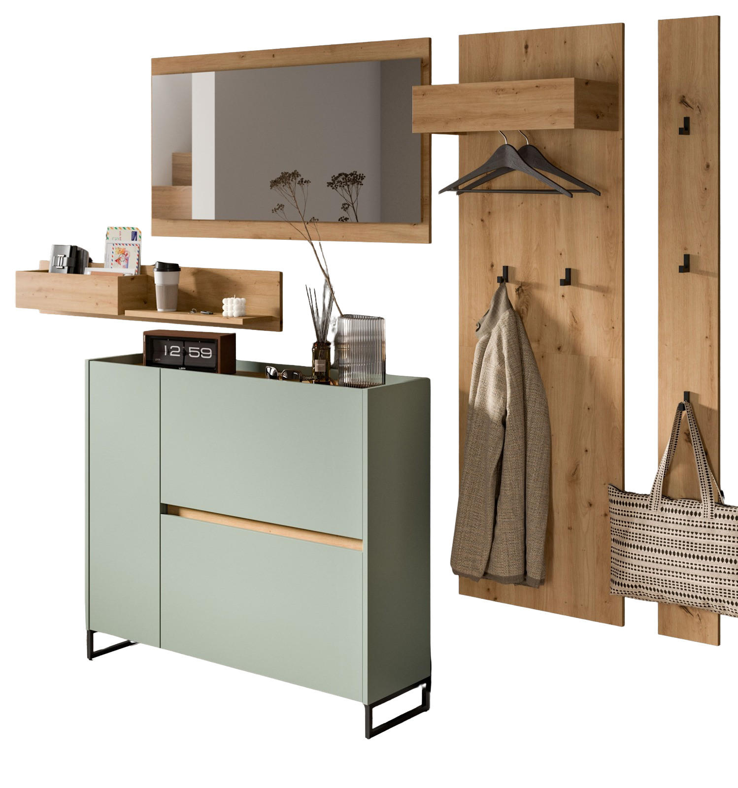 GARDEROBE-SET Salbei und Artisan Eiche, Garderobe 5-teilig, 236 x 192 cm, Soft-Close, Borga - Salbeigrün/Schwarz, Holzwerkstoff/Metall (236/192/32cm) - InnoFurn