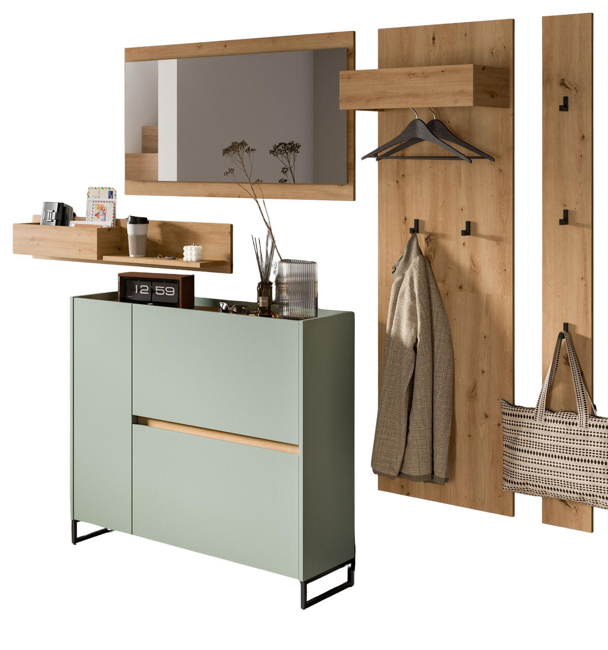 GARDEROBE-SET Salbei und Artisan Eiche, Garderobe 5-teilig, 236 x 192 cm, Soft-Close, Borga - Salbeigrün/Schwarz, Holzwerkstoff/Metall (236/192/32cm) - InnoFurn