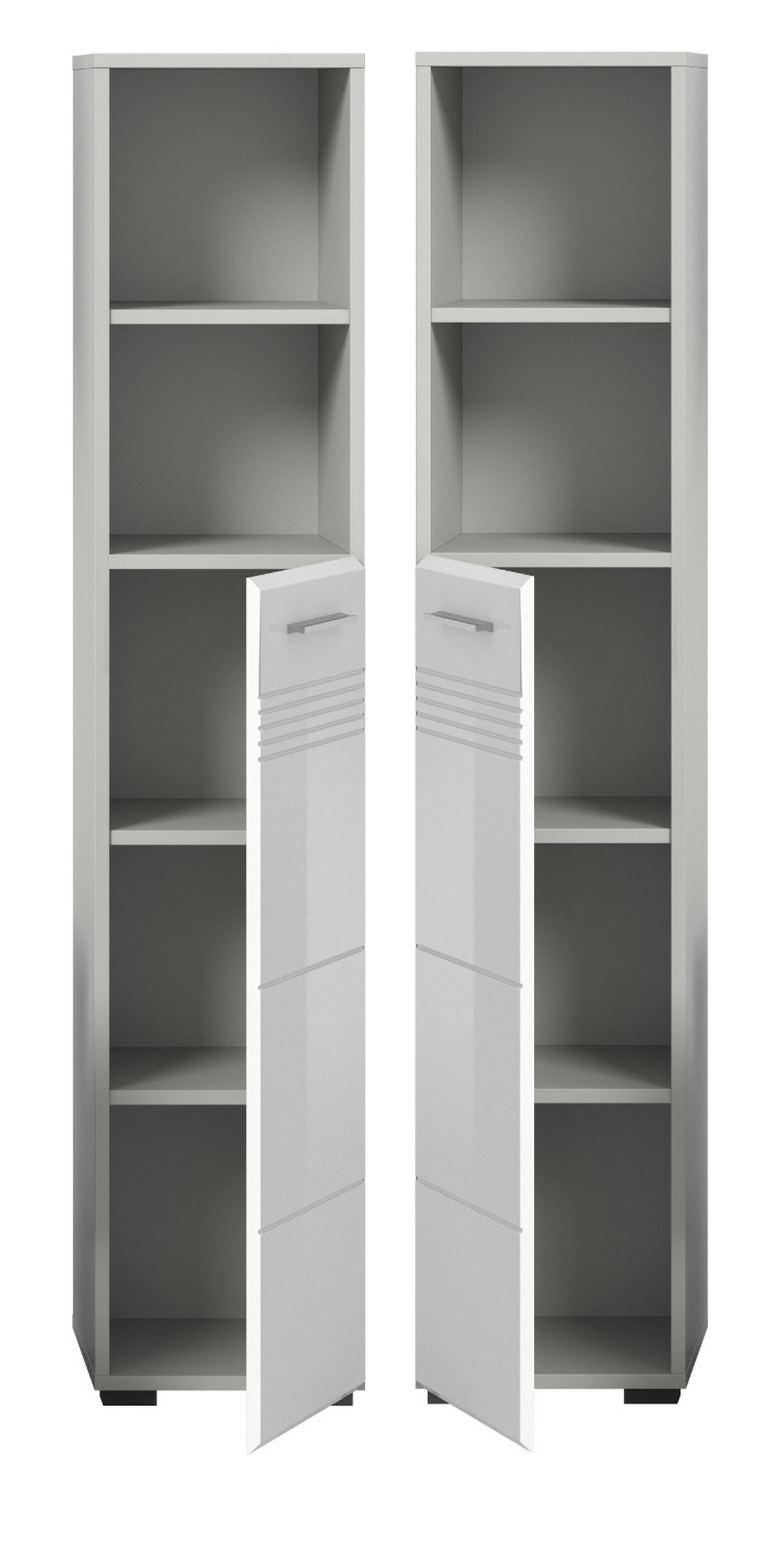HOCHSCHRANK weiß Hochglanz, grau 30 cm, Badschrank mit Soft-Close - Weiß Hochglanz/Silberfarben, Holzwerkstoff/Kunststoff (30/150/30cm) - Inn.Furn