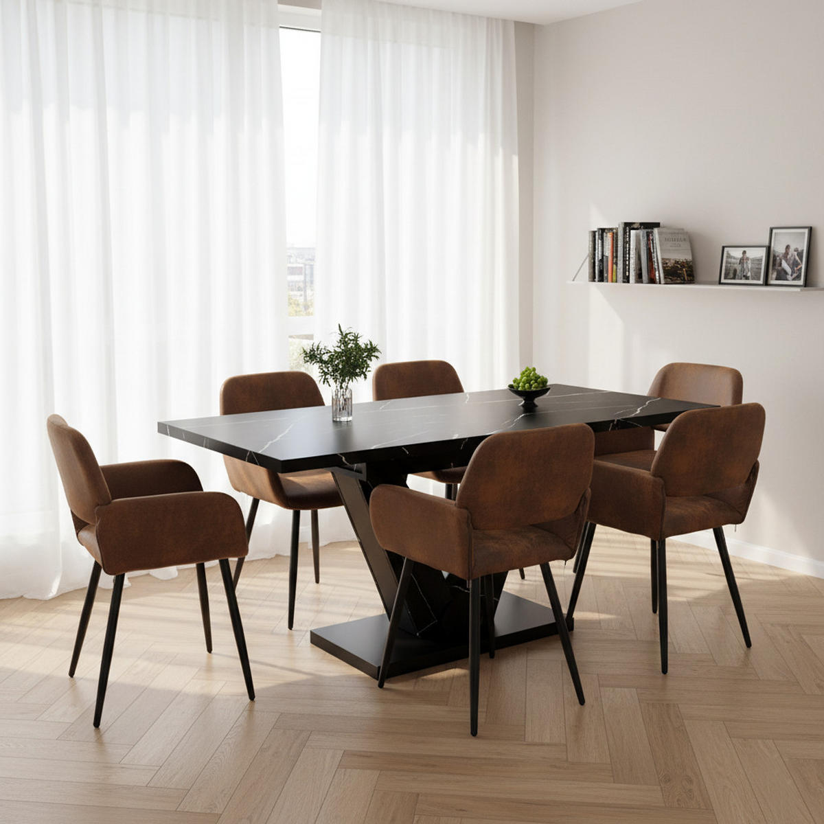 TISCHGRUPPE 7-teilig Ausziehtisch Marmoroptik Schwarz & 6x 360° Drehstühle Vintage-Braun - Schwarz, Holzwerkstoff/Textil (160/76/75cm) - Urban Meuble