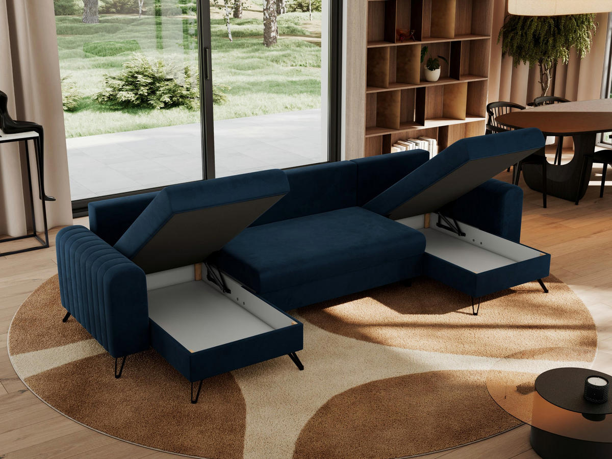 WOHNLANDSCHAFT AXEL U Velvet Dunkelblau - Blau/Schwarz, Textil/Metall (312/90/140cm) - MKS