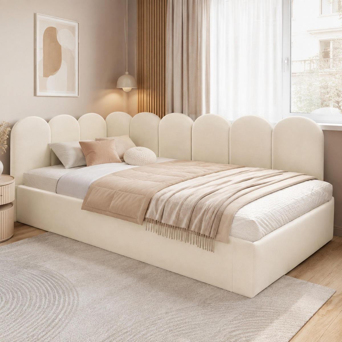 POLSTERBETT 90/200+90/190 mit Ausziehbett und Lattenrost in Beige - Beige, Holzwerkstoff/Textil (90/200cm) - EVRYAE