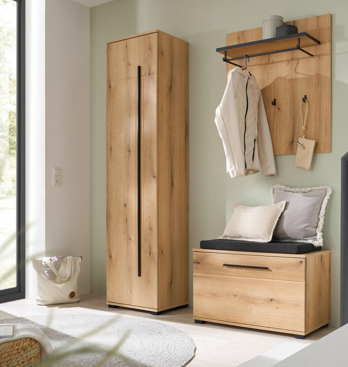 GARDEROBEN-SET Evoke Eiche 4-teilig 140 cm, Flurgarderobe mit Soft-Close - Eichefarben/Dunkelgrau, Holzwerkstoff/Kunststoff (140/200/40cm) - Furn.Design