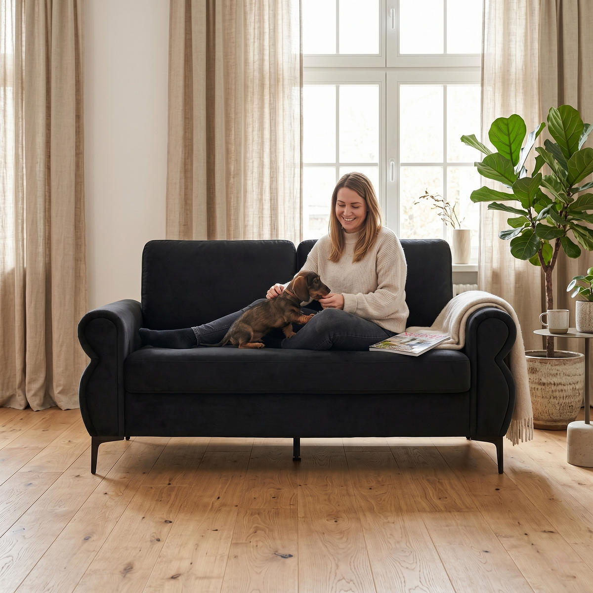 2-SITZER SOFA Polyester Schwarz mit abnehmbaren Bezügen - Schwarz, Holzwerkstoff/Textil (173.5/92/81cm) - WISHDOR