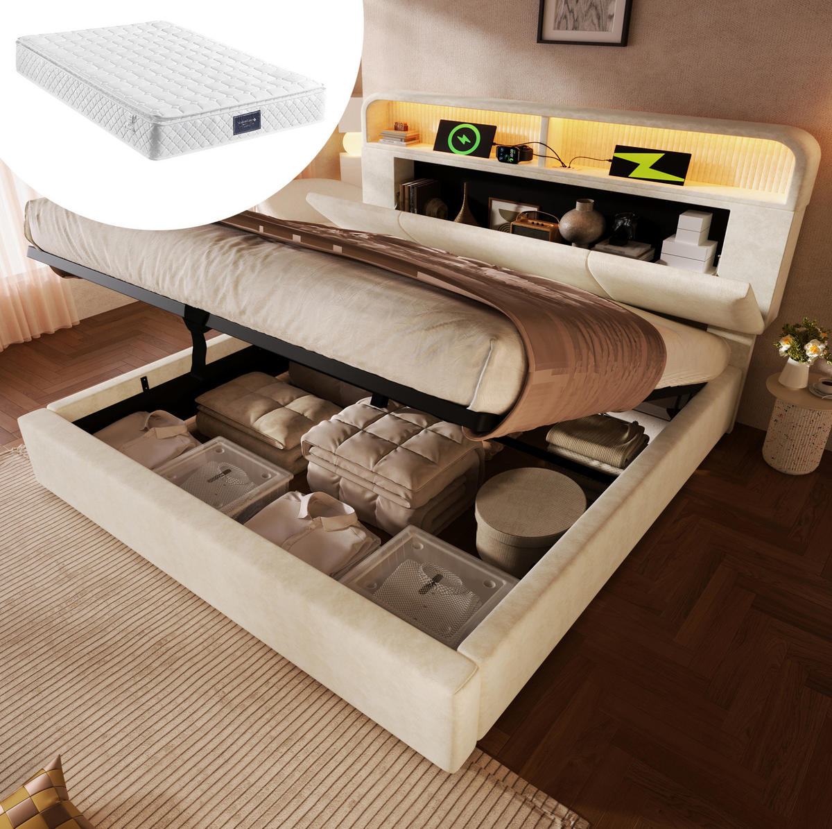 BETT mit Stauraum 140x200 cm Samt Beige inkl. Matratze - Beige, Metall (140/200cm) - Meubliv
